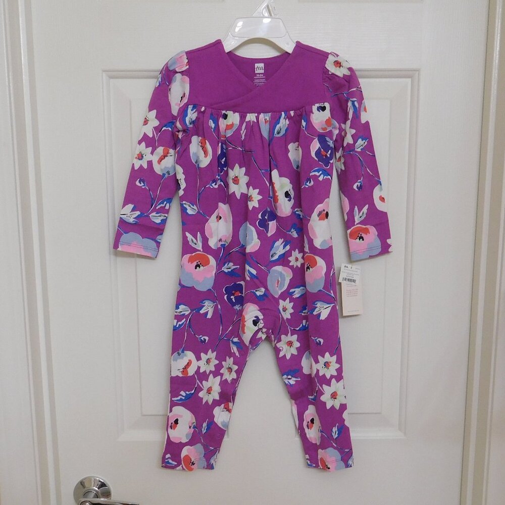 NWT Tea Collection Purple Swedish Flowers Wrap Neck Pants Romper sz 18-24 Months